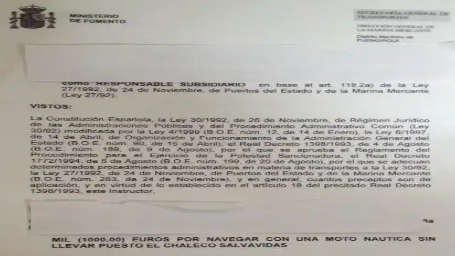1000 euro di penalità per la vela con una moto d'acqua senza giubbotto a Fuengirola