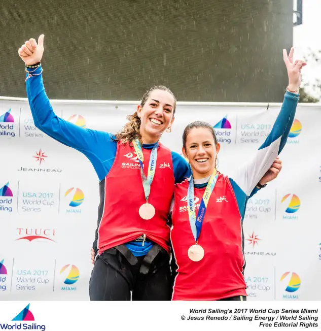 Paula Barceló y Silvia Mas con la medalla de bronce. Foto: Jesús Renedo/World Sailing