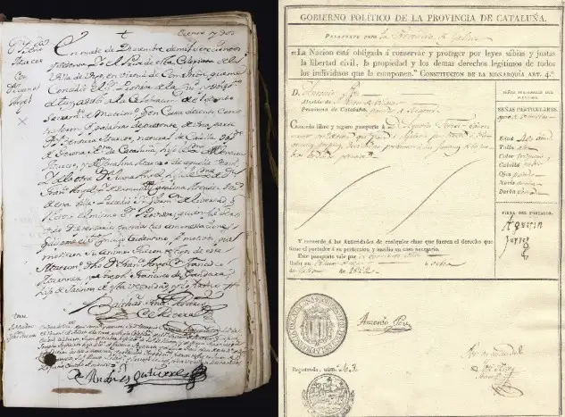 Legajo con la boda del number one de los corsarios con base en Vigo, Marcó del Pont... a la derecha un pasaporte de aquellos tiempos para poder viajar de Cataluña a Galicia (Colección Seoane & Prado)