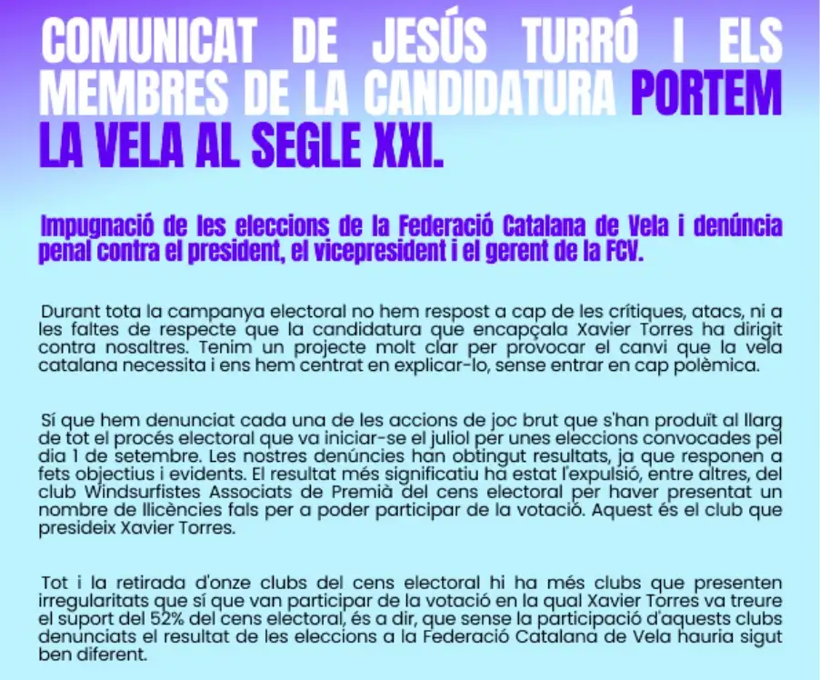 Pantallazo de la nota oficial que hoy a colgado en la web de la candidatura Turró
