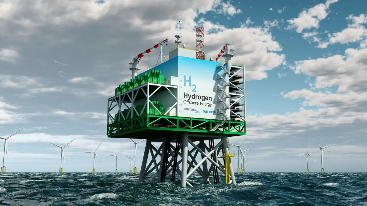 Prototipo de una planta de hidrógeno verde, alimentado por un parque eólico marino, proyectado por la belga Tractebel en una imagen de esta empresa