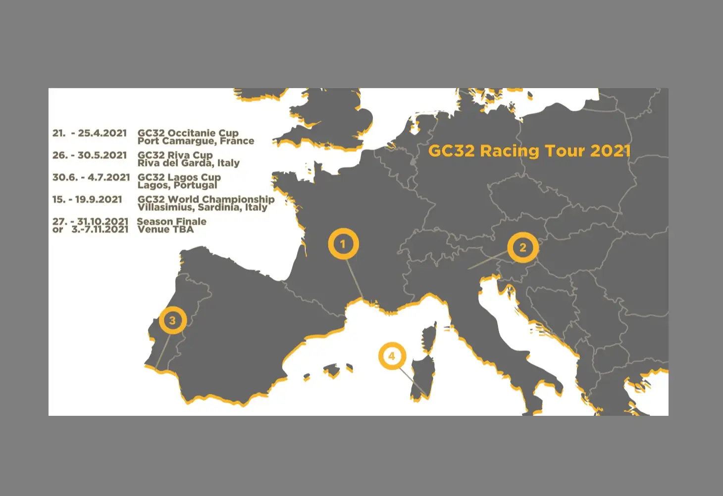 El GC32 Racing Tour cierra 2020 en blanco por la pandemia mundial pero mira con entusiasmo a un temporada 2021 que llevará a la flota de catamaranes voladores GC32 a cinco sedes europeas entre abril y noviembre, incluyendo un nuevo puerto en la costa mediterránea francesa y la celebración del campeonato del mundo de la clase, el GC32 World Championship 2021