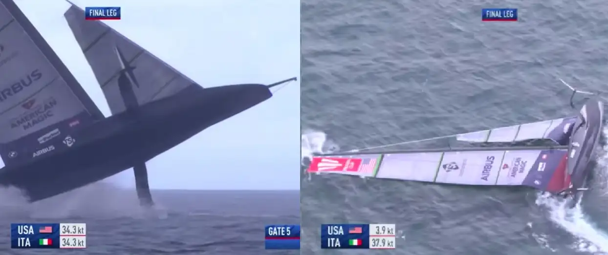 Debido al fuerte golpe el AC75 Patriot sufrió una vía de agua que hizo temer incluso que el barco se pudiera acabar hundiendo, teniendo que ser reflotado con boyas, bombas de achique y demás (Captura emisiones TV)
